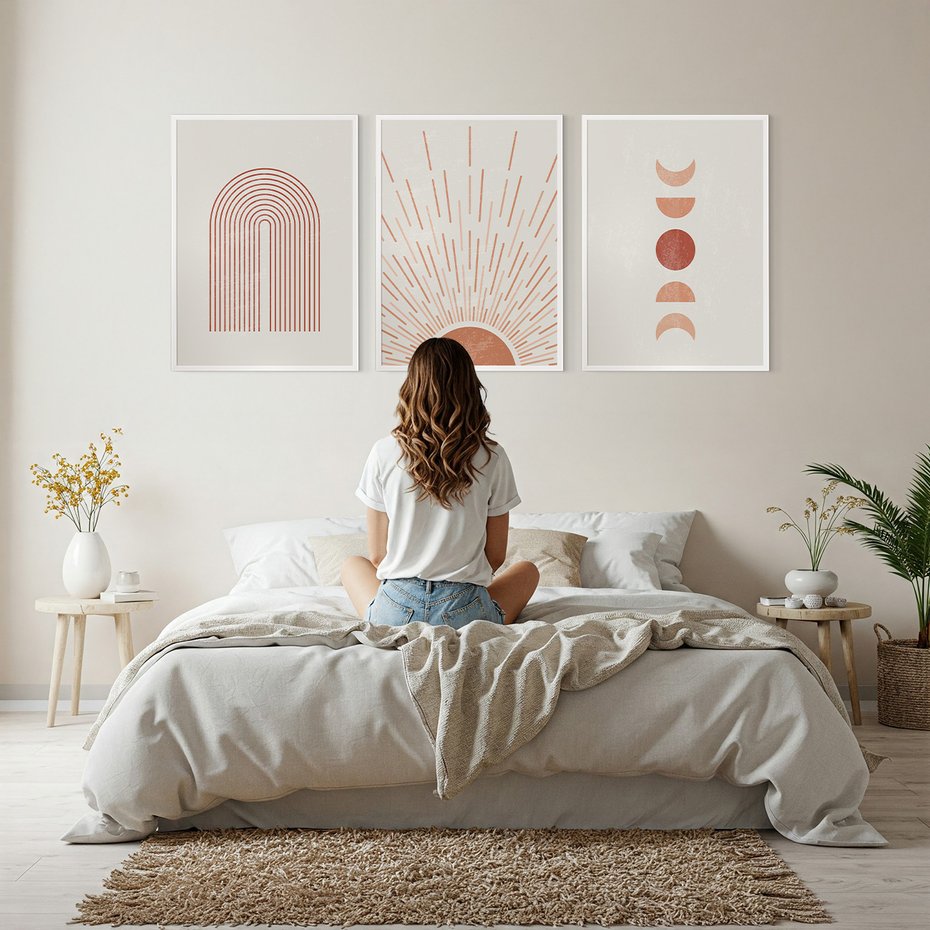 Zestaw obrazy w ramie, plakaty - abstrakcja, boho, minimalizm - rama biała