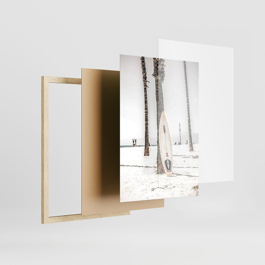 Zestaw obrazy w ramie, plakaty - palmy, plaża, domki - rama drewno