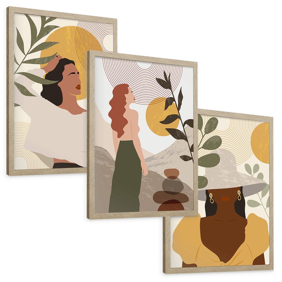 Zestaw obrazy w ramie, plakaty - kobiety, abstrakcja, boho - rama drewno