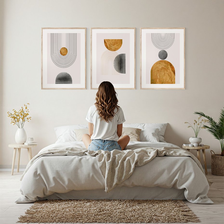 Zestaw obrazy w ramie, plakaty - abstrakcja, geometria, minimalizm - rama drewno