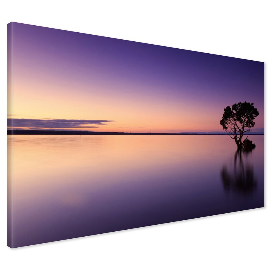 Obraz na płótnie - zachód słońca, woda, drzewo