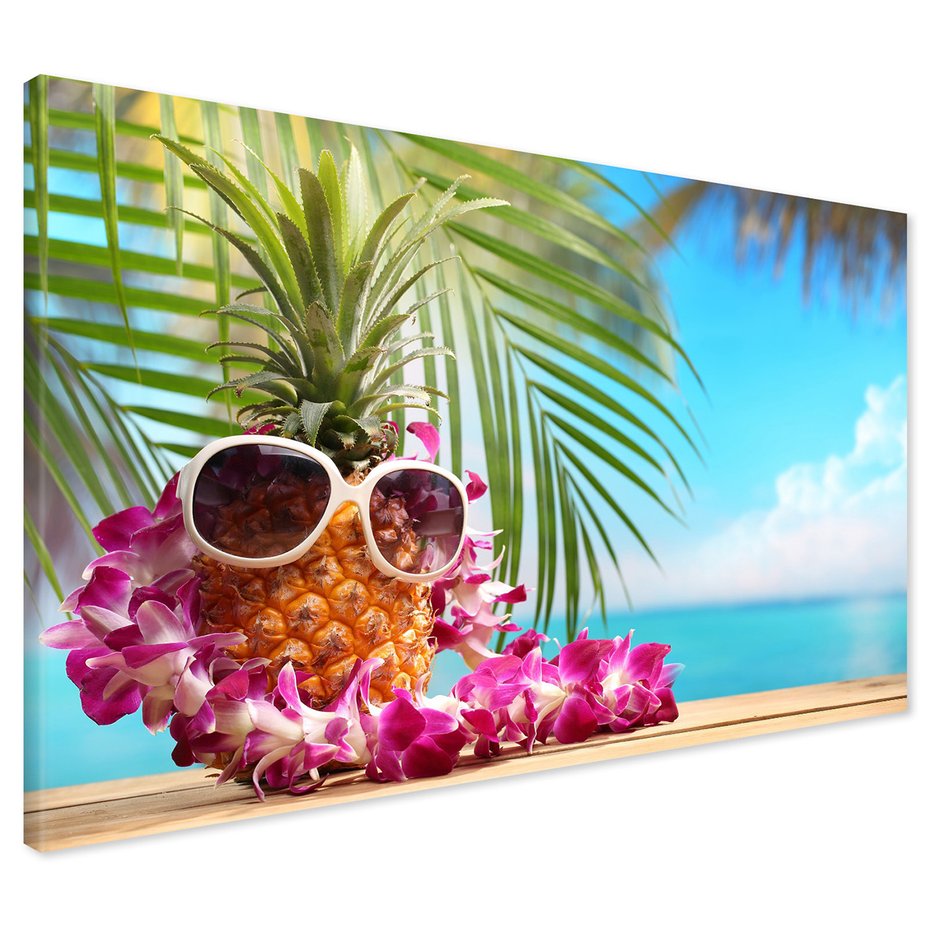 Obraz na płótnie - ananas, okulary, kwiaty