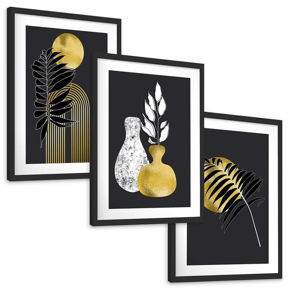 Zestaw obrazy w ramie, plakaty - liście, złoto, abstrakcja - rama czarna