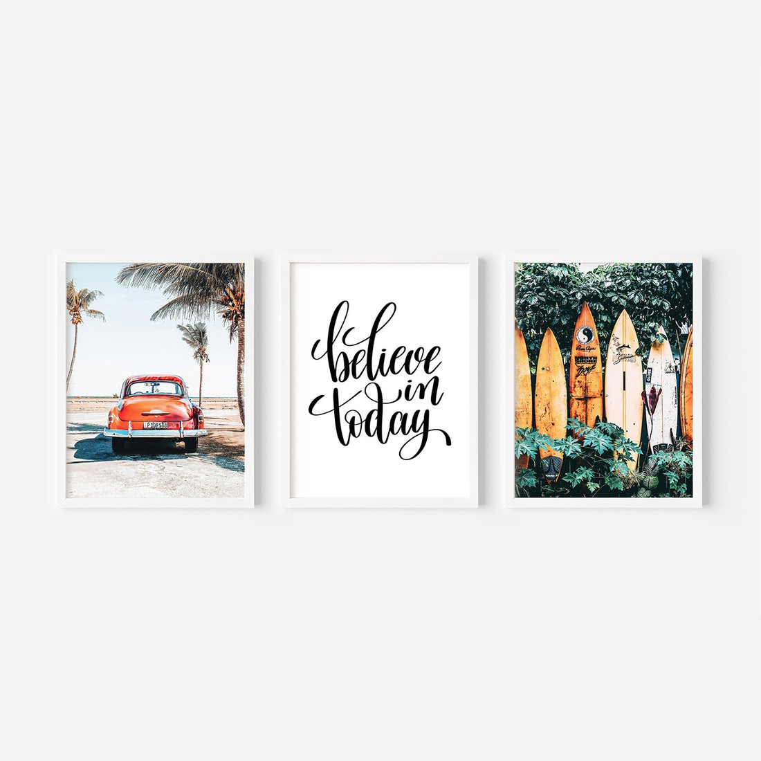 Zestaw obrazy w ramie, plakaty - palmy, samochód, deski surfingowe - rama biała
