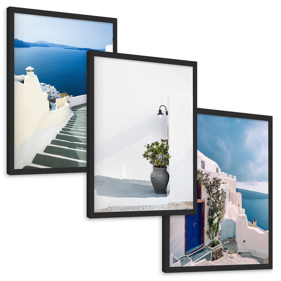 Zestaw obrazy w ramie, plakaty - Santorini, architektura, morze - rama czarna
