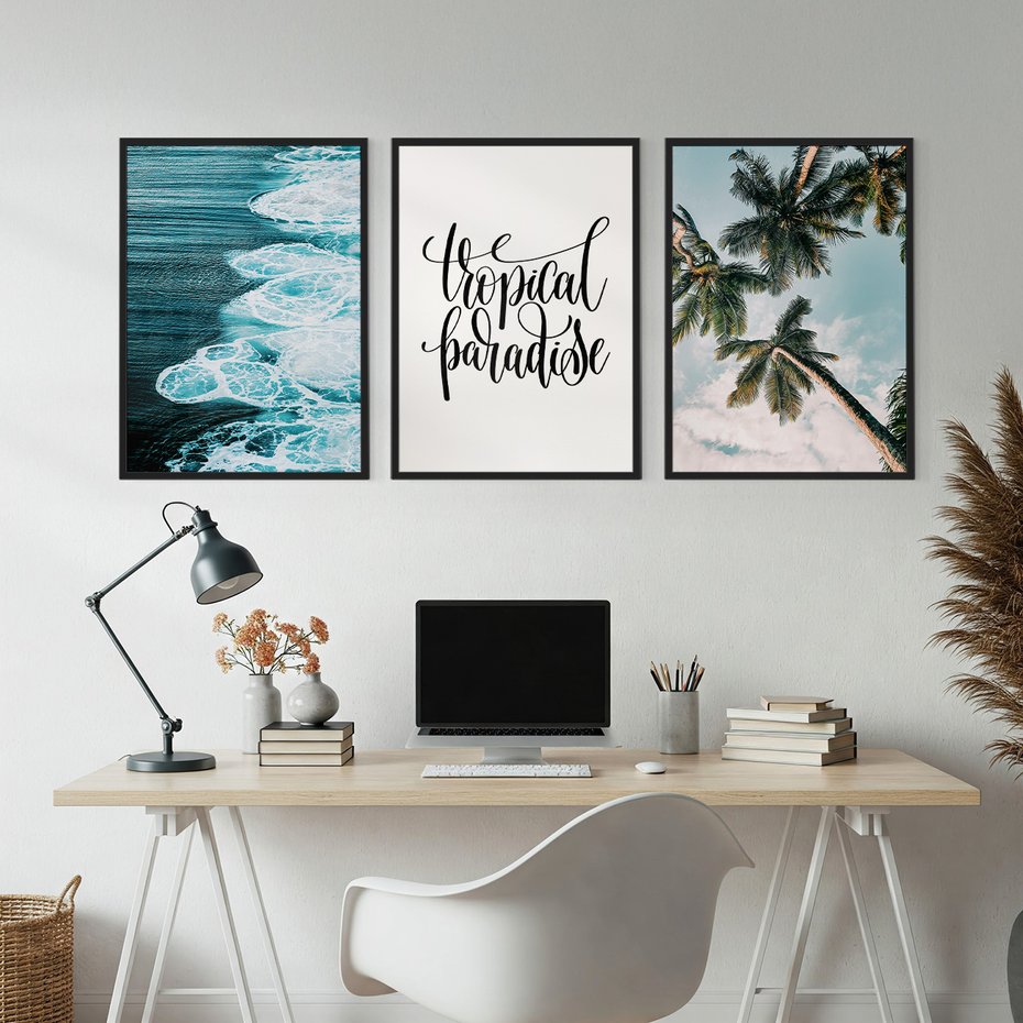 Zestaw obrazy w ramie, plakaty - tropikalny, morze, palmy - rama czarna