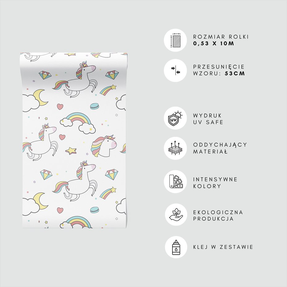 Tapeta - dziecięca, jednorożce, tęcze, gwiazdy