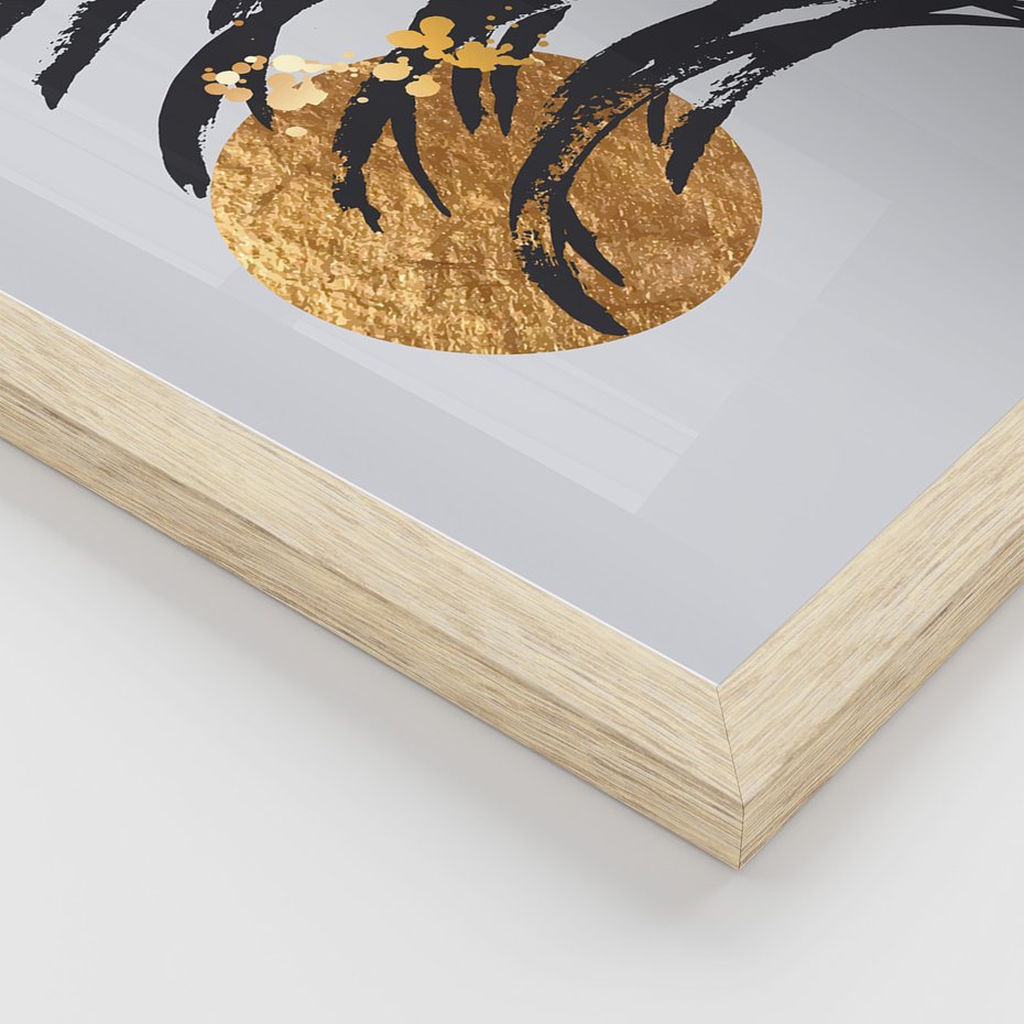 Zestaw obrazy w ramie, plakaty - liście, abstrakcja, złoto - rama drewno