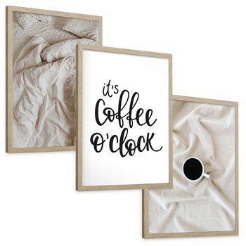 Zestaw obrazy w ramie, plakaty - pościel, kawa, relaks - rama drewno