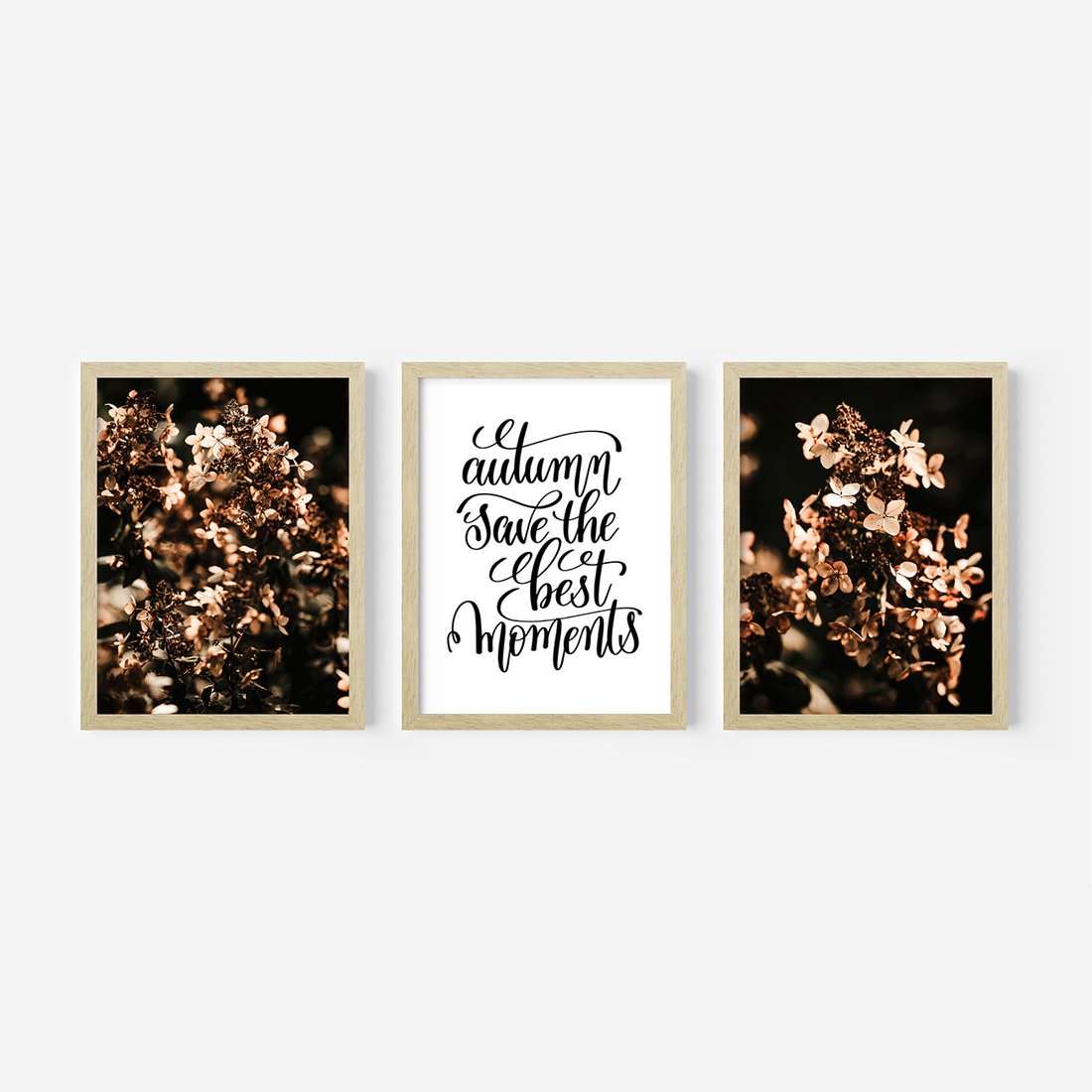 Zestaw obrazy w ramie, plakaty - kwiaty, jesień, dekoracja - rama drewno
