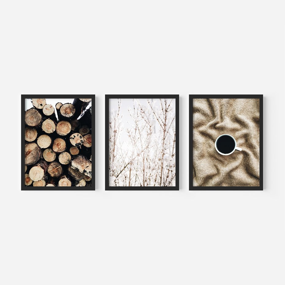 Zestaw obrazy w ramie, plakaty - drewno, zima, sweter - rama czarna