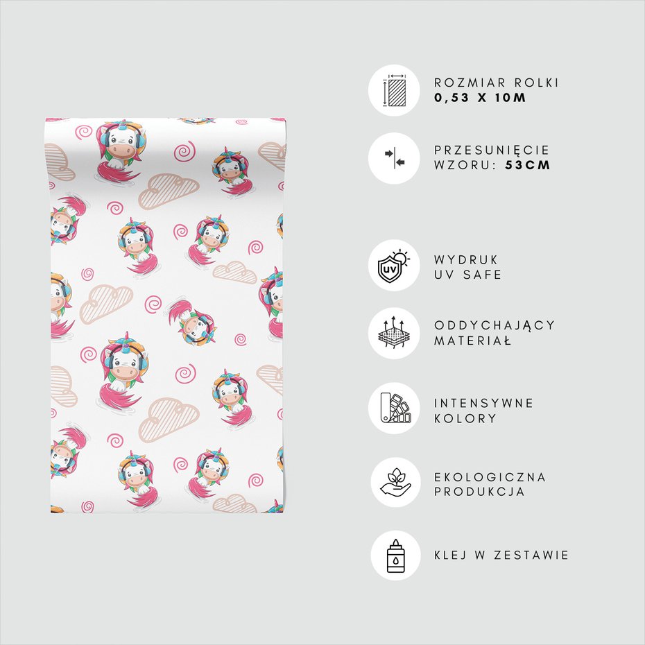 Tapeta - dziecięca, jednorożec, chmury, spirala