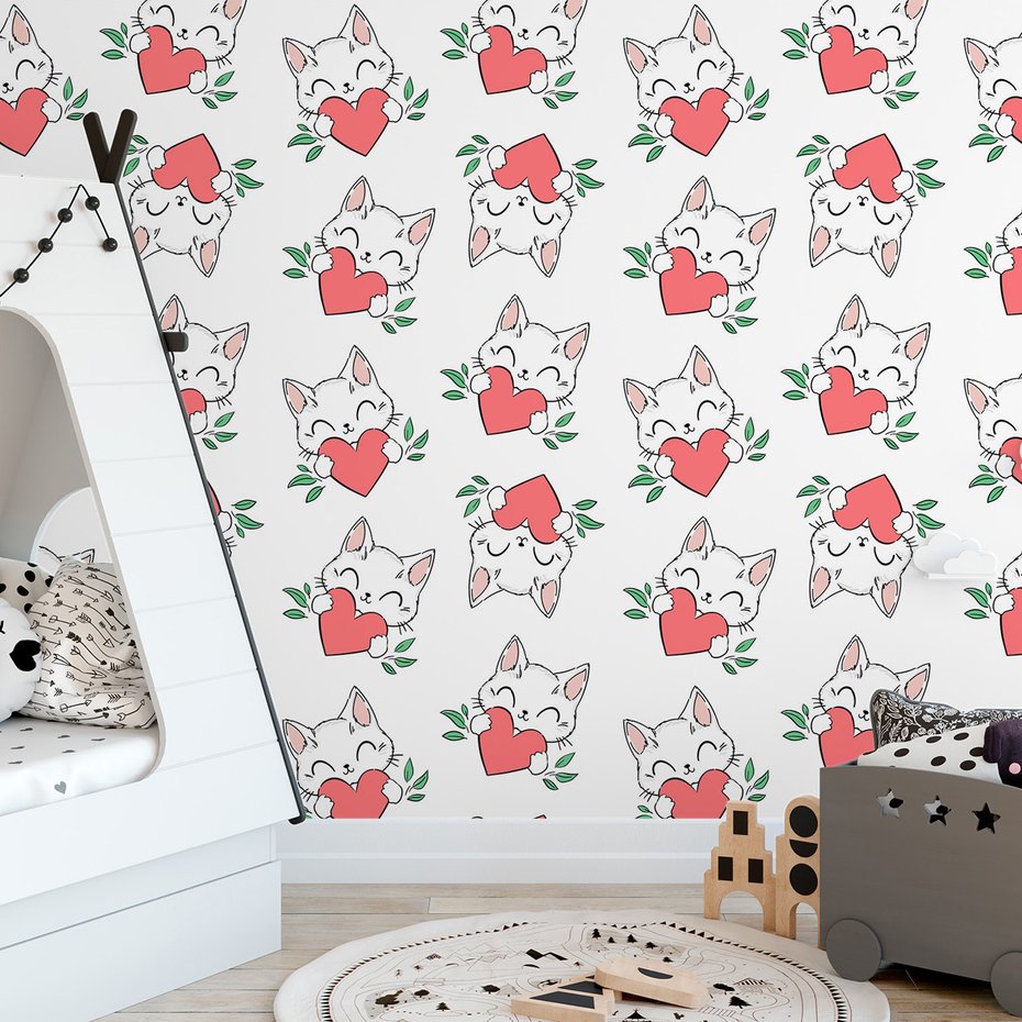 Tapeta - dziecięca, kot, serce, liście