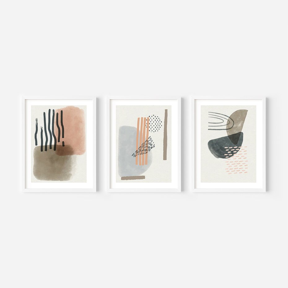 Zestaw obrazy w ramie, plakaty - abstrakcja,pastelowe,wzory - rama biała