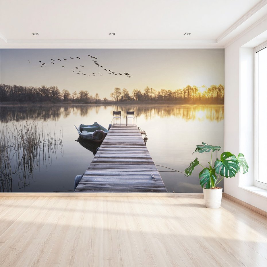 Fototapeta - jezioro, pomost, wschód słońca