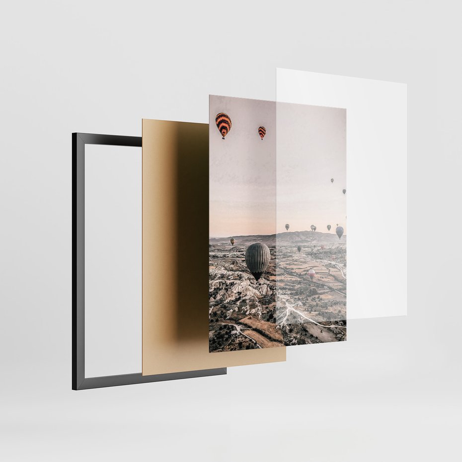 Zestaw obrazy w ramie, plakaty - balony, plaża, skały - rama czarna