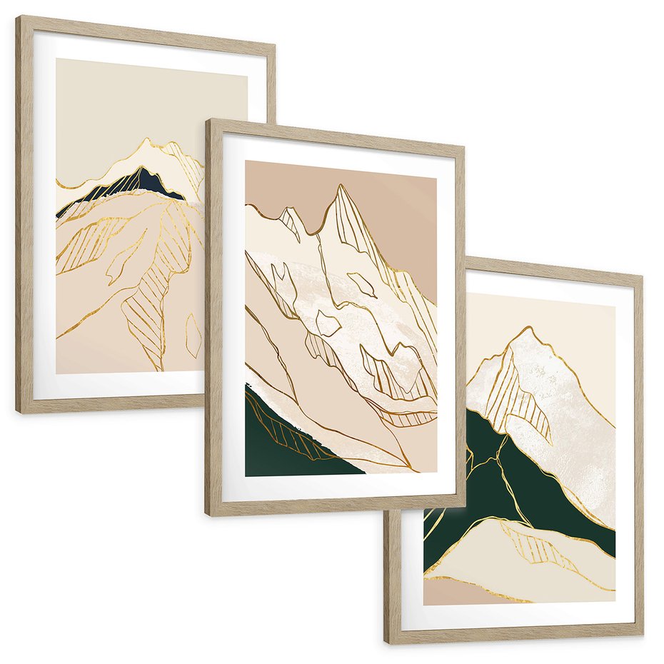 Zestaw obrazy w ramie, plakaty - góry, abstrakcja, złoto - rama drewno