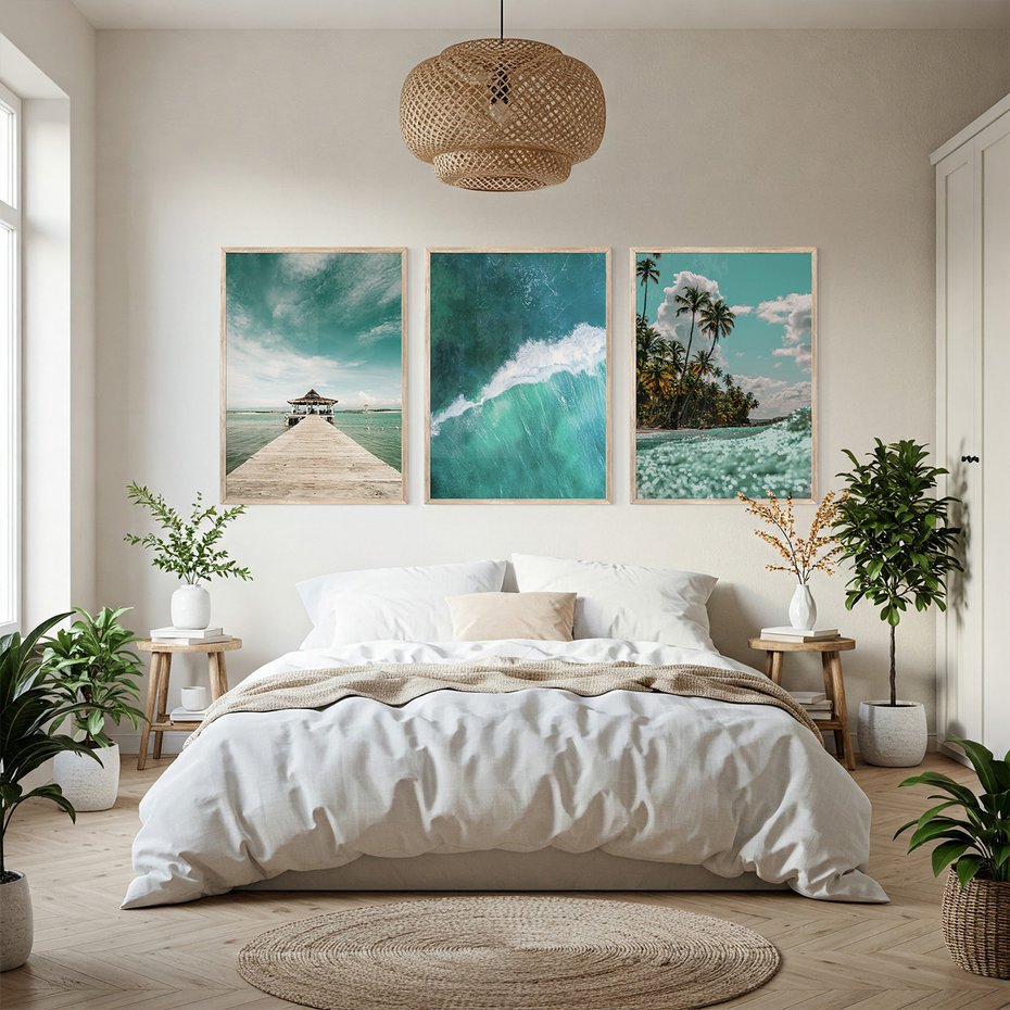 Zestaw obrazy w ramie, plakaty - plaża, morze, tropiki - rama drewno