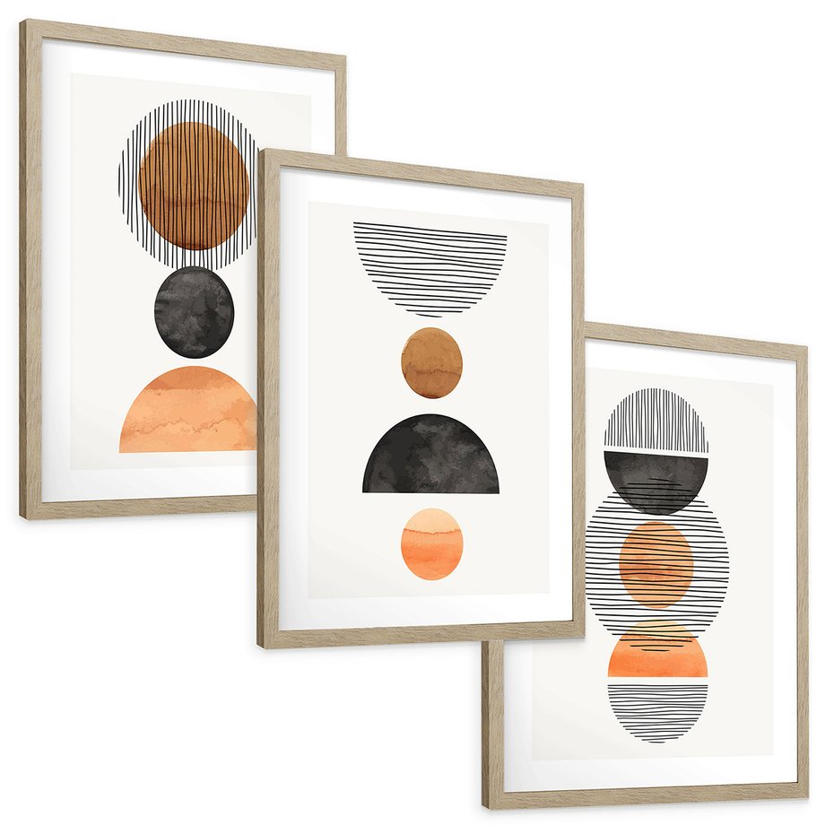 Zestaw obrazy w ramie, plakaty - abstrakcja, geometria, minimalizm - rama drewno