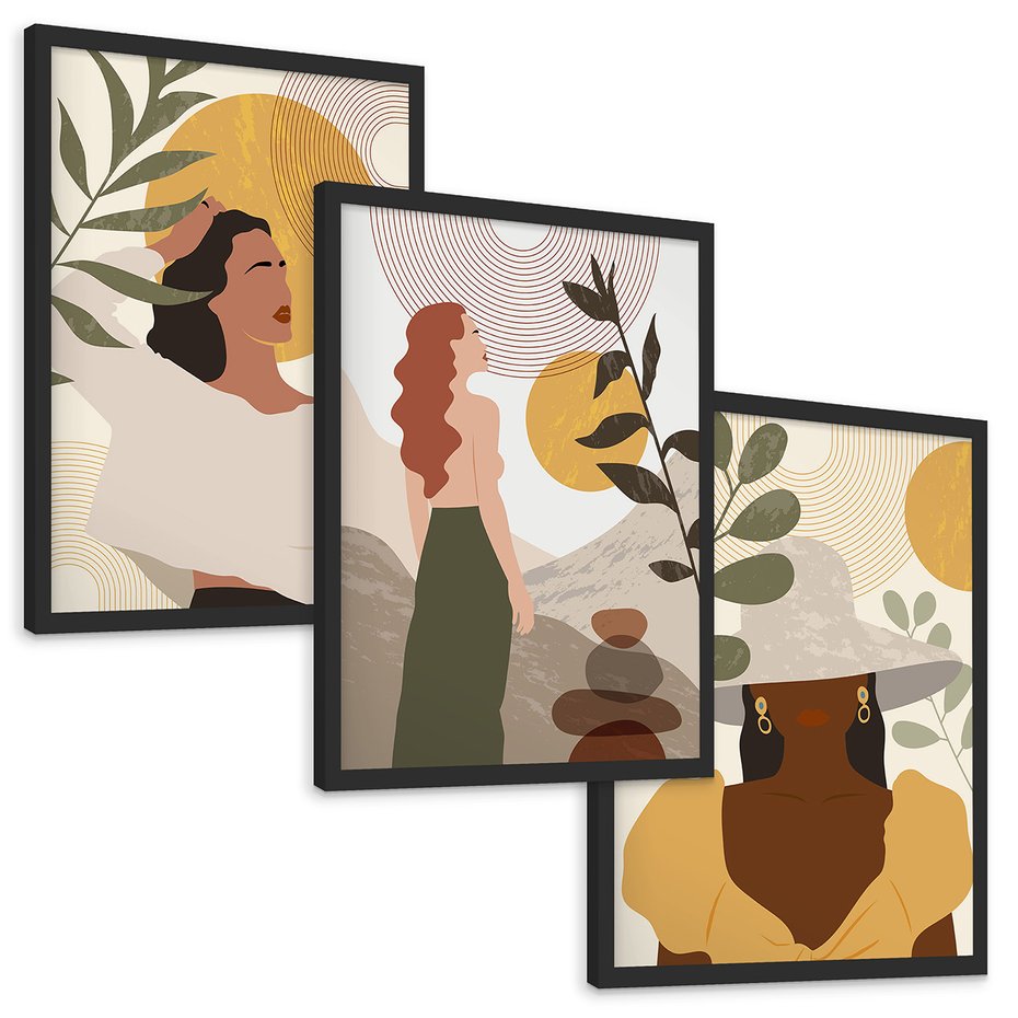 Zestaw obrazy w ramie, plakaty - kobiety, abstrakcja, boho - rama czarna