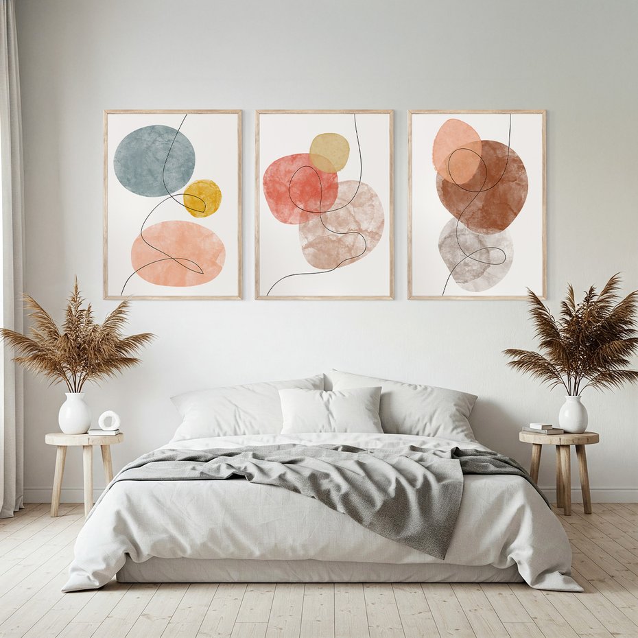 Zestaw obrazy w ramie, plakaty - abstrakcja,akwarele,linie - rama drewno