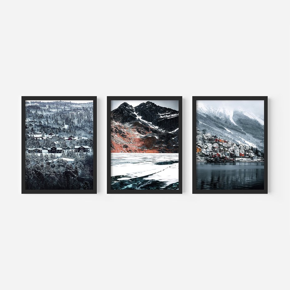 Zestaw obrazy w ramie, plakaty - śnieg, góry, zima - rama czarna