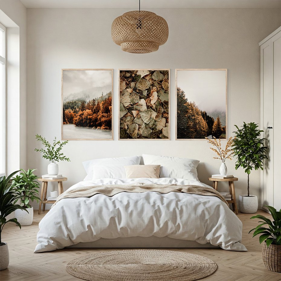 Zestaw obrazy w ramie, plakaty - jesień, las, liście - rama drewno