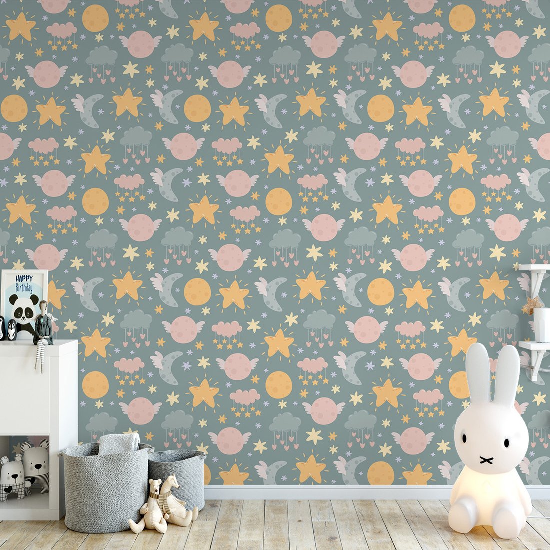 Tapeta - dziecięca, gwiazdy, księżyce, chmury