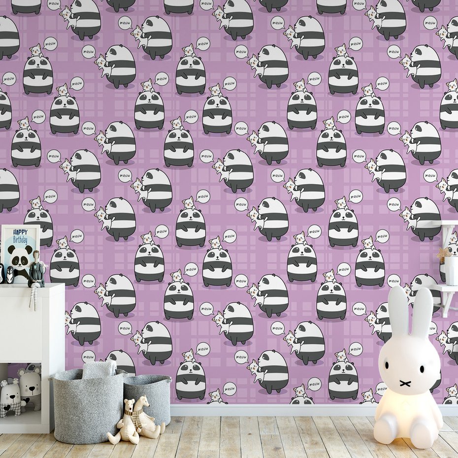Tapeta - dziecięca, panda, kot, wzór