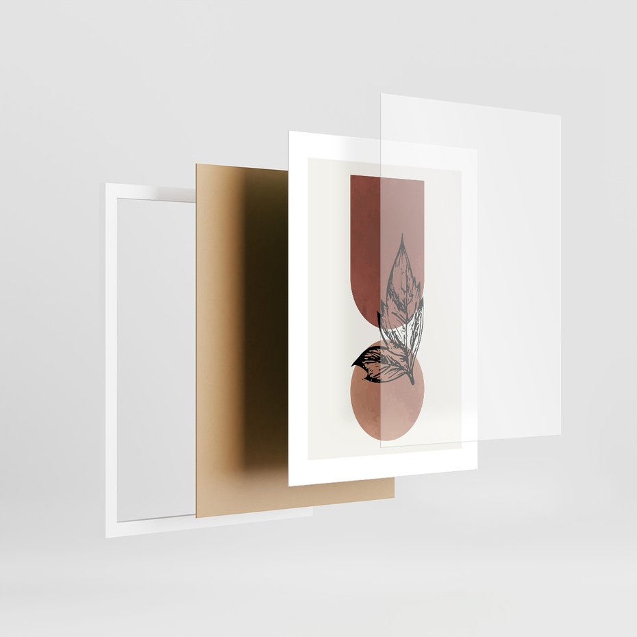 Zestaw obrazy w ramie, plakaty - abstrakcja, liście, kształty - rama biała