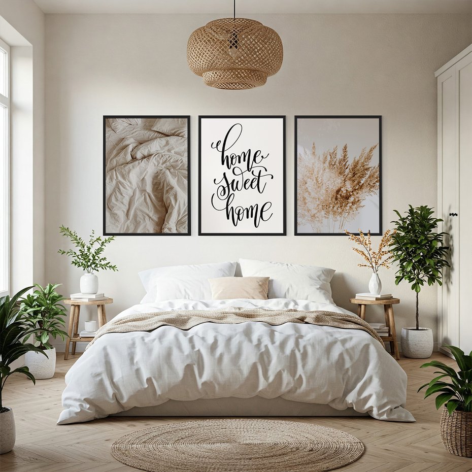 Zestaw obrazy w ramie, plakaty - trawa, beżowy, pismo - rama czarna