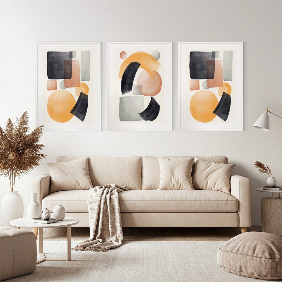 Zestaw obrazy w ramie, plakaty - abstrakcja, geometryczne, kształty - rama biała