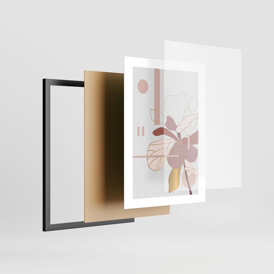 Zestaw obrazy w ramie, plakaty - liście, złoto, abstrakcja - rama czarna