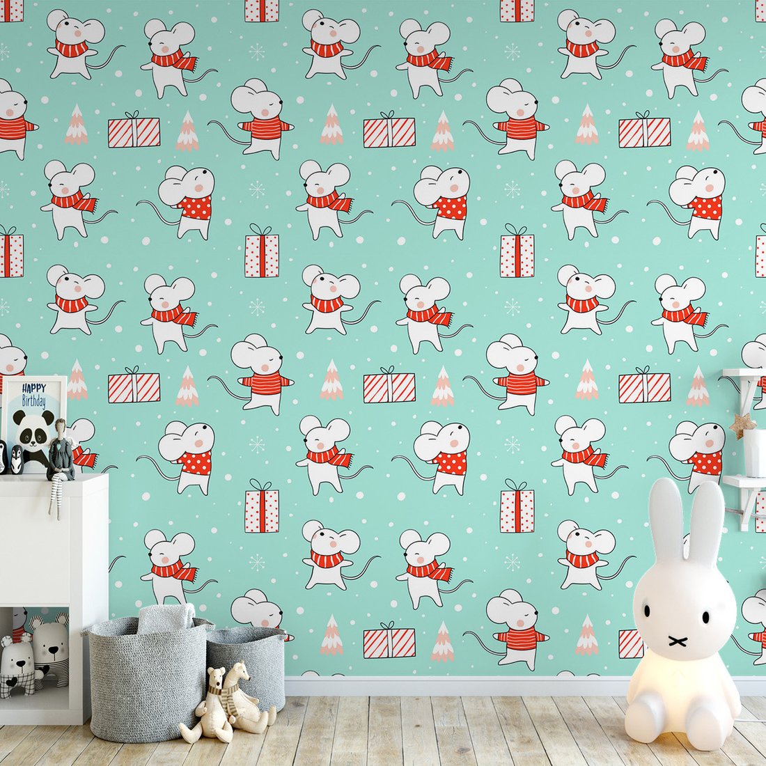 Tapeta - dziecięca, mysz, prezent, śnieg