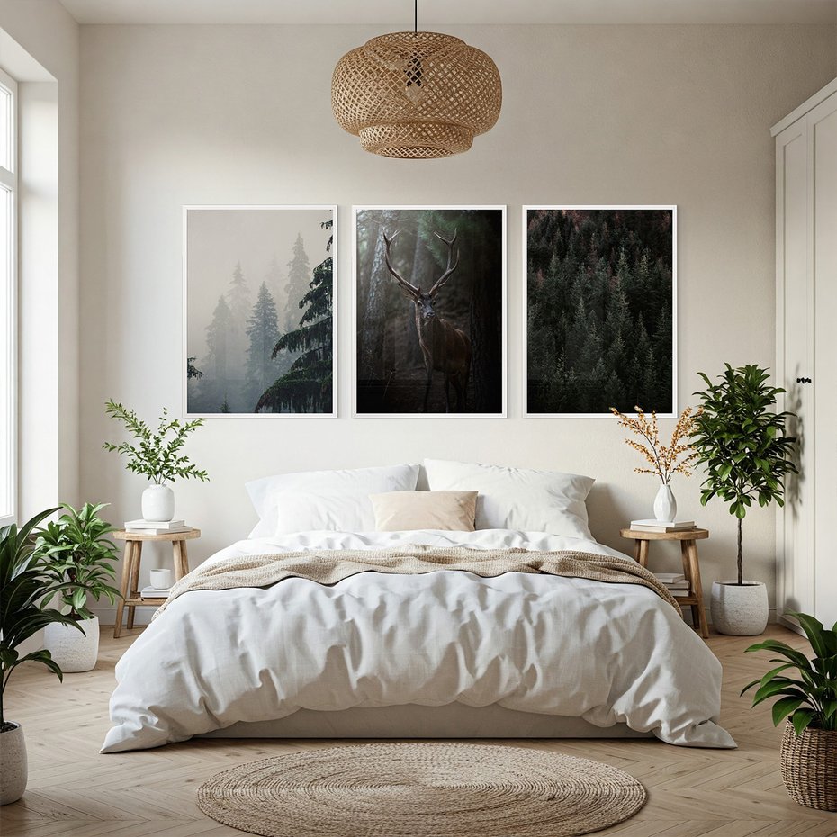Zestaw obrazy w ramie, plakaty - las, drzewa, jeleń - rama biała