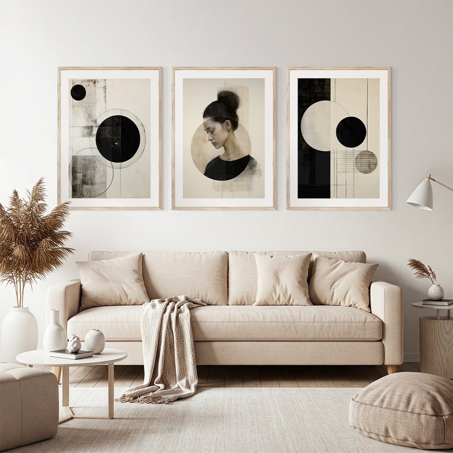 Zestaw obrazy w ramie, plakaty - abstrakcja,portret,geometria - rama drewno