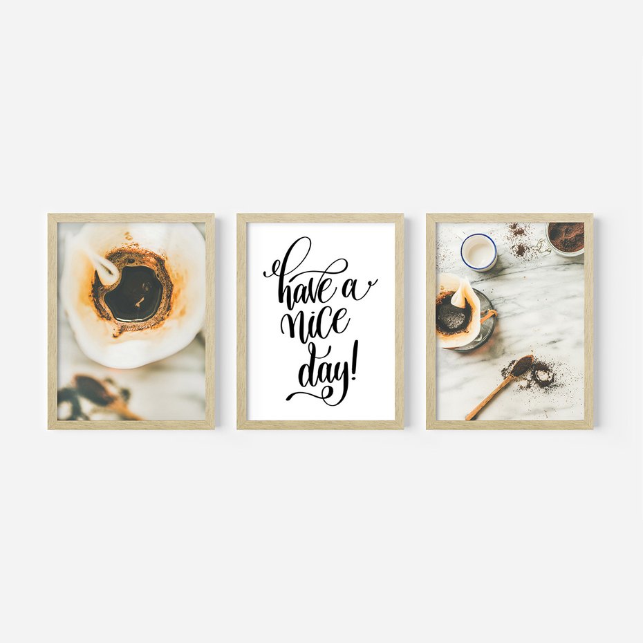 Zestaw obrazy w ramie, plakaty - kawa, napój, filiżanka - rama drewno