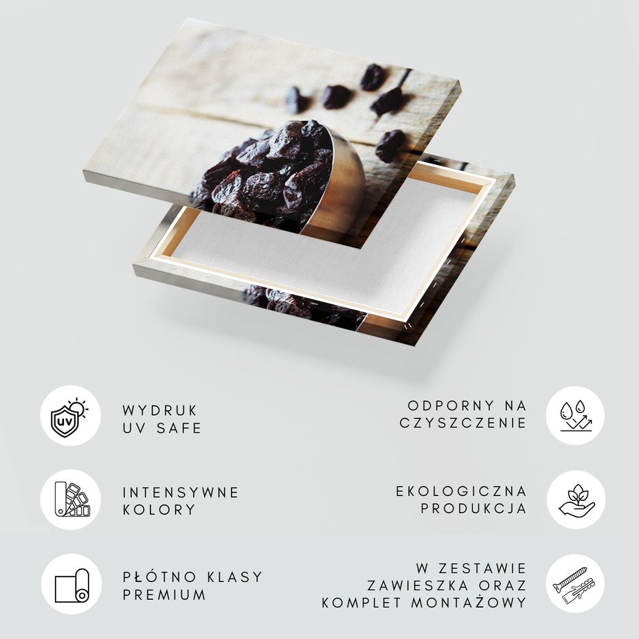 Obraz na płótnie - śliwki suszone, miska, drewno