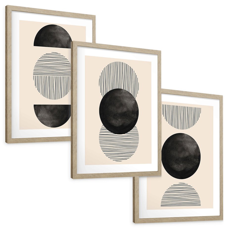 Zestaw obrazy w ramie, plakaty - abstrakcja, minimalizm, geometria - rama drewno