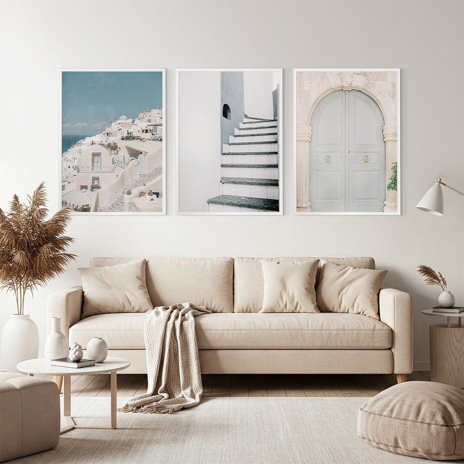 Zestaw obrazy w ramie, plakaty - architektura, pastelowe, śródziemnomorskie - rama biała