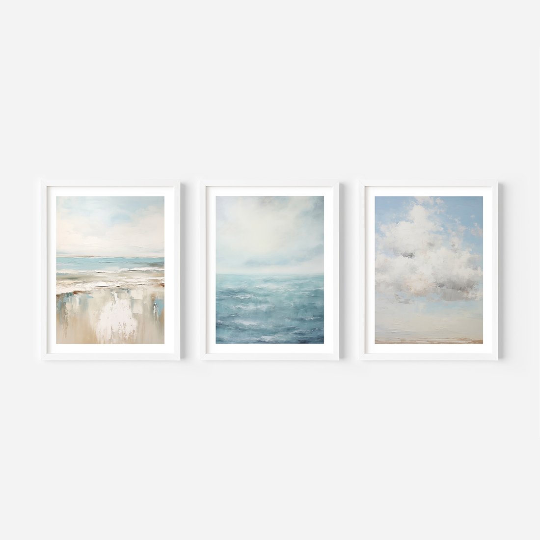 Zestaw obrazy w ramie, plakaty - morze, chmury, abstrakcja - rama biała