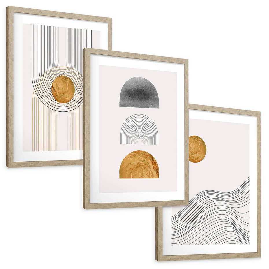 Zestaw obrazy w ramie, plakaty - abstrakcja, geometryczne, linie - rama drewno