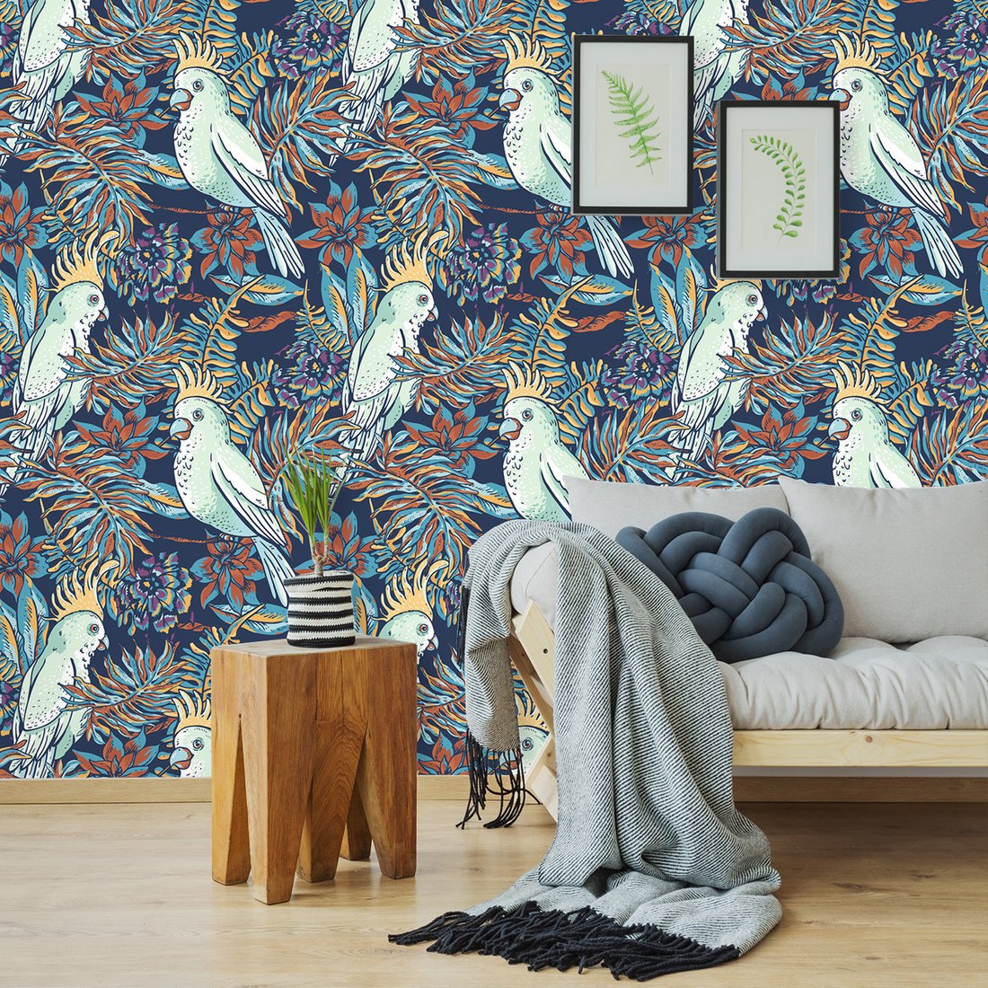 Tapeta - papuga, liście, kwiaty