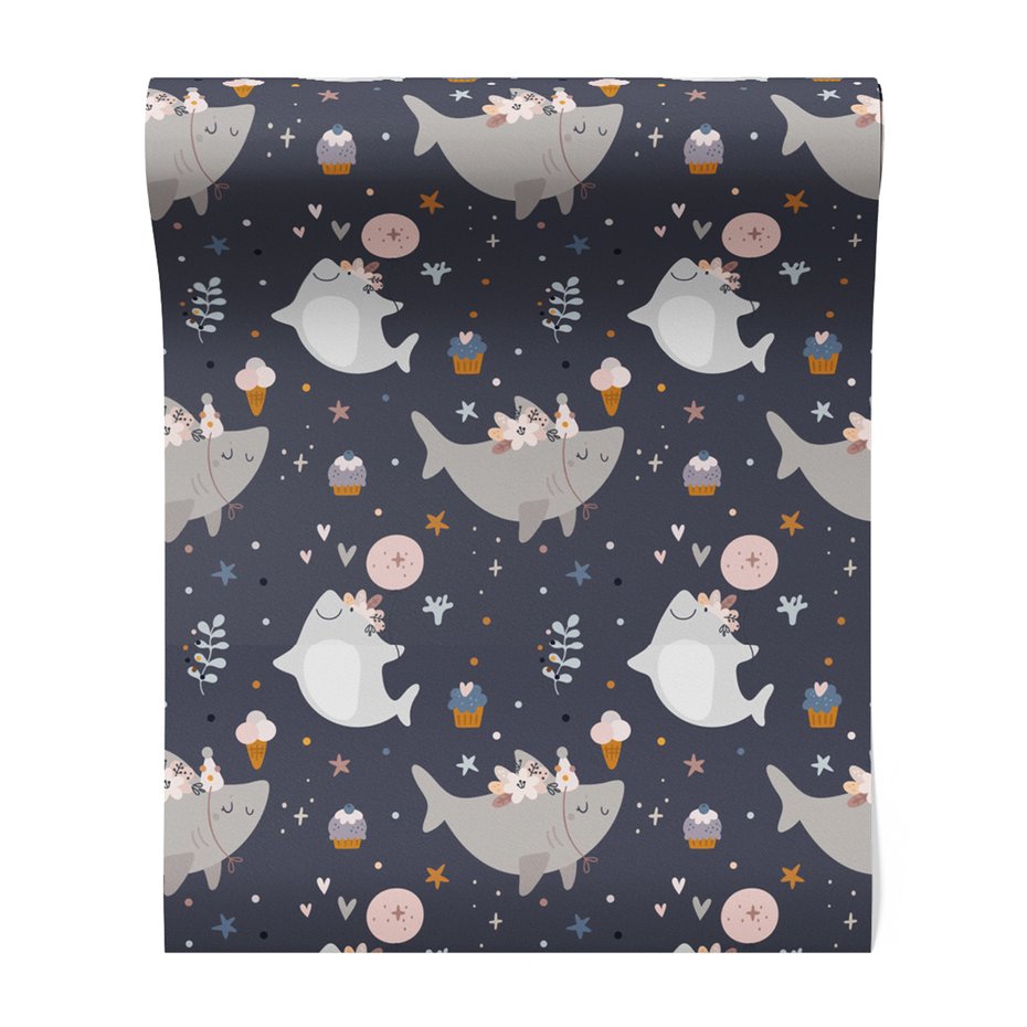 Tapeta - dziecięca, rekin, babeczka, gwiazdy