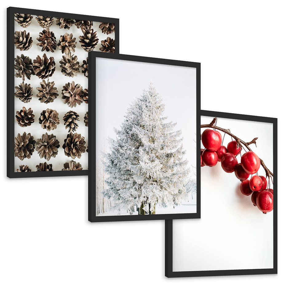 Zestaw obrazy w ramie, plakaty - szyszki, jabłka, zima - rama czarna