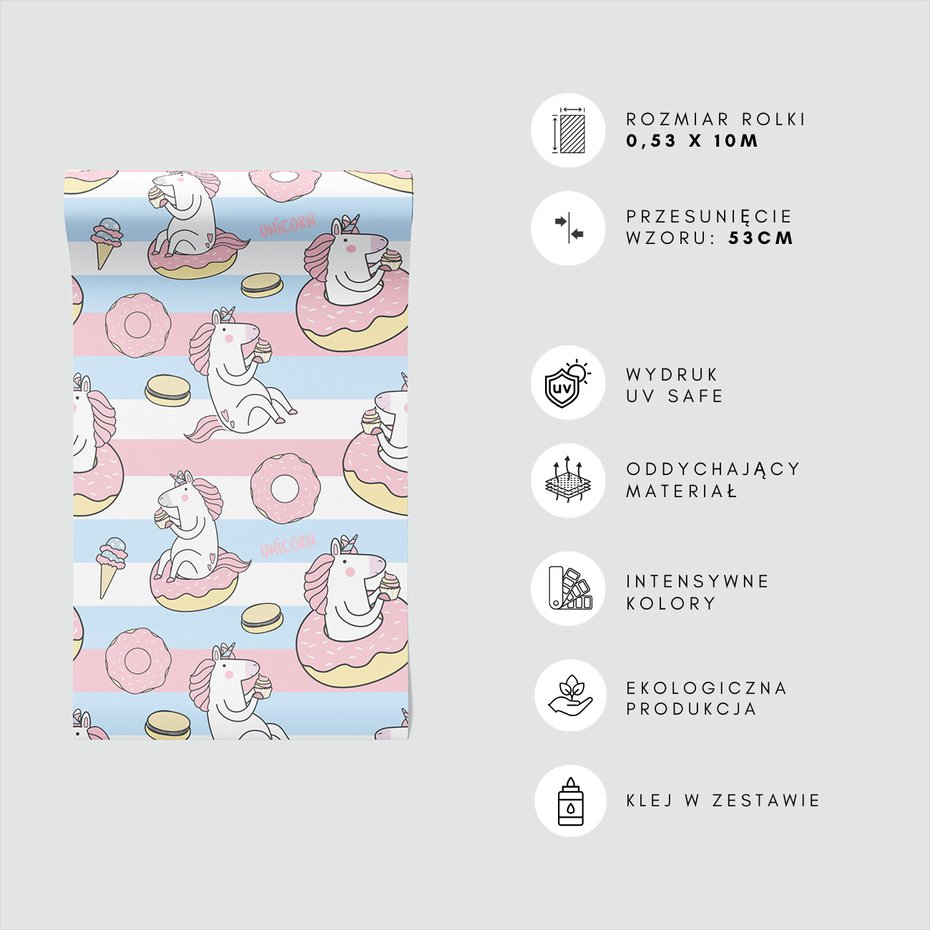 Tapeta - dziecięca, jednorożce, pączki, lody