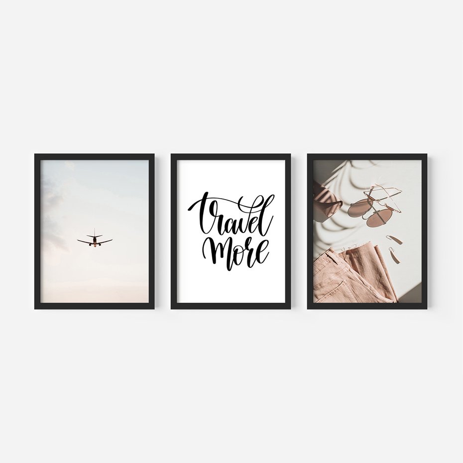Zestaw obrazy w ramie, plakaty - podróże,wakacje,samolot - rama czarna