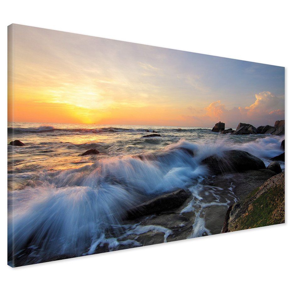 Obraz na płótnie - morze, fale, zachód słońca