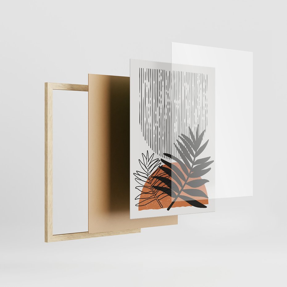 Zestaw obrazy w ramie, plakaty - abstrakcja, liście, minimalizm - rama drewno