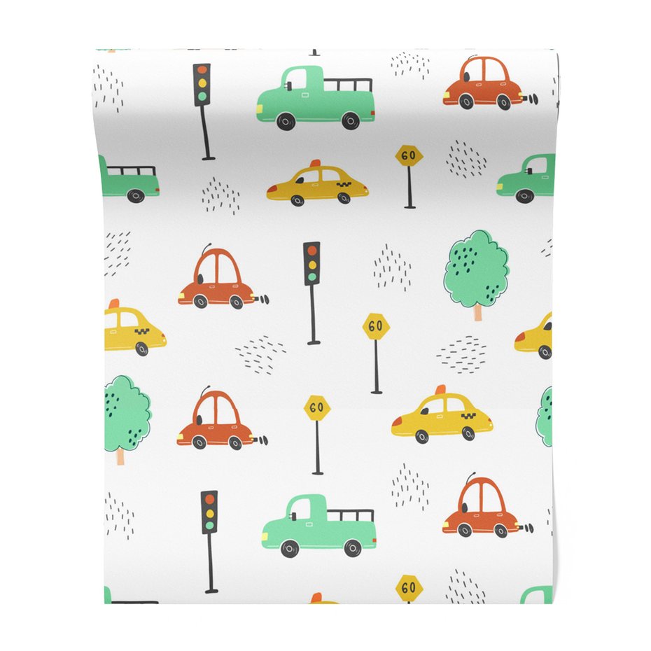 Tapeta - dziecięca, samochody, znaki,
